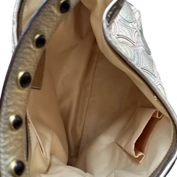 Coach Kristen Hobo Op Art Silver Gold Shoulder Bag Patchwork Beige Leather Purs - Picture 9 of 16